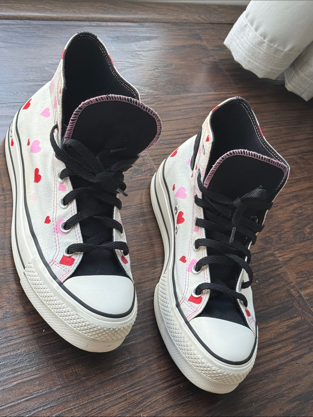 Converse High-Top Sneakers in White with Pink & Red Hearts